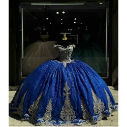 Off Shoulder Navy Blue Quince Dress Sweetheart Neck Ball Gown