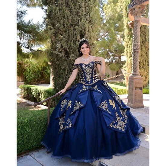 Off Shoulder Navy Blue Quince Dresses Lace Appliques Sweetheart Neck 15 Dress