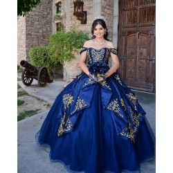 Off Shoulder Navy Blue Quince Dresses Lace Appliques Sweetheart Neck 15 Dress