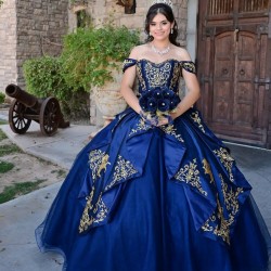 Off Shoulder Navy Blue Quince Dresses Lace Appliques Sweetheart Neck 15 Dress