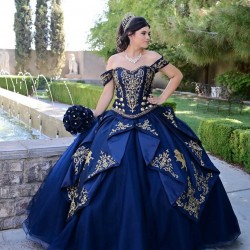 Off Shoulder Navy Blue Quince Dresses Lace Appliques Sweetheart Neck 15 Dress