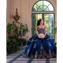 Off Shoulder Navy Blue Quinceanera Dresses V Neck 15 Dress With Bow