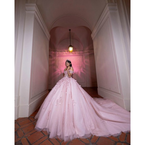 Off Shoulder Pink Quince Dress Birthday Party Gowns With 3D Flowers