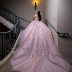 Off Shoulder Pink Quince Dress Birthday Party Gowns With 3D Flowers