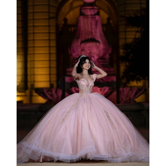 Off Shoulder Pink Quince Dress Crystal V Neck Vestidos De 15 Anos