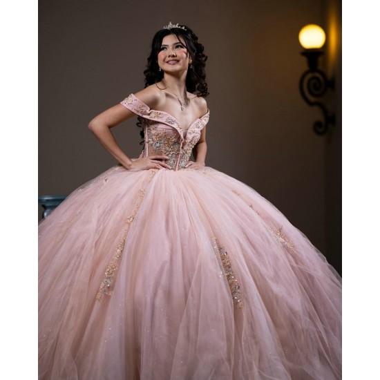 Off Shoulder Pink Quince Dress Crystal V Neck Vestidos De 15 Anos