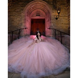 Off Shoulder Pink Quince Dress Crystal V Neck Vestidos De 15 Anos