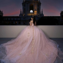 Off Shoulder Pink Quince Dress Crystal V Neck Vestidos De 15 Anos