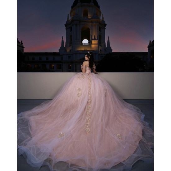 Off Shoulder Pink Quince Dress Crystal V Neck Vestidos De 15 Anos