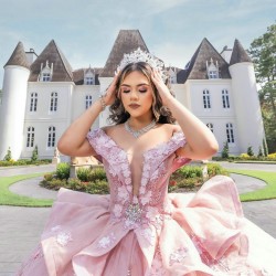 Off Shoulder Pink Quince Dress Crystal V Neck Vestidos De 15 Anos With 3D Flowers