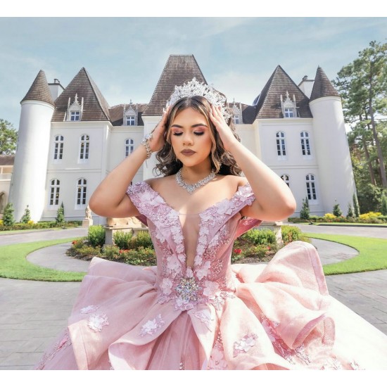 Off Shoulder Pink Quince Dress Crystal V Neck Vestidos De 15 Anos With 3D Flowers