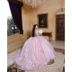 Off Shoulder Pink Quince Dresses Lace Appliques Sweetheart Neck 15 Dress