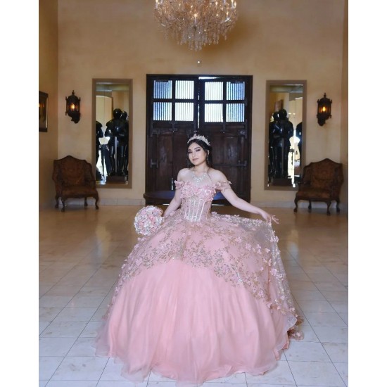 Off Shoulder Pink Quinceanera Dress Sheer Bodice Sweetheart Neck 15 Dresses