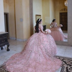 Off Shoulder Pink Quinceanera Dress Sheer Bodice Sweetheart Neck 15 Dresses