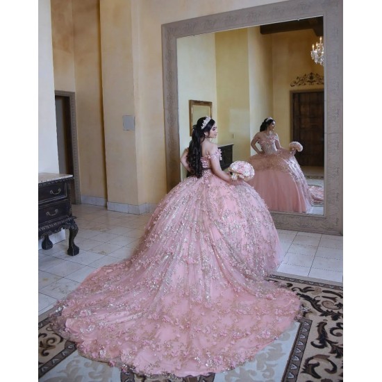 Off Shoulder Pink Quinceanera Dress Sheer Bodice Sweetheart Neck 15 Dresses