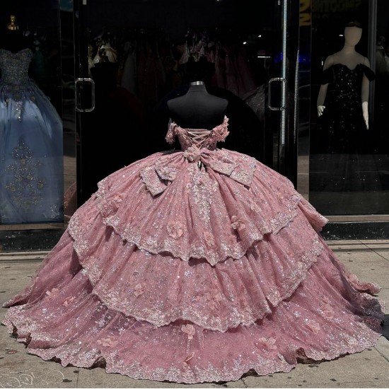 Off Shoulder Pink Quinceanera Dress Tiered Vestidos De 15 Anos Sequin Instagram Gowns