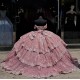 Off Shoulder Pink Quinceanera Dress Tiered Vestidos De 15 Anos Sequin Instagram Gowns