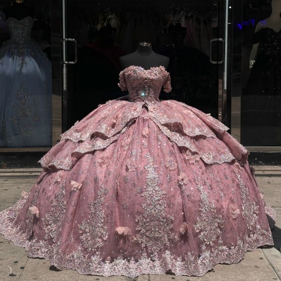 Off Shoulder Pink Quinceanera Dress Tiered Vestidos De 15 Anos Sequin Instagram Gowns