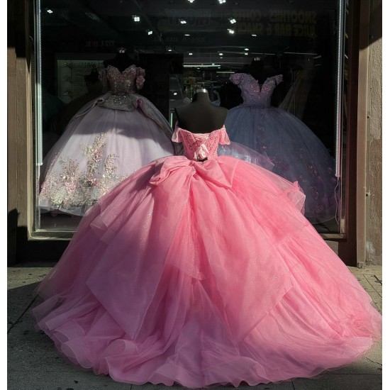 Off Shoulder Pink Quinceanera Dresses Crystal Sweetheart 15 Dress With Bow