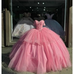 Off Shoulder Pink Quinceanera Dresses Crystal Sweetheart 15 Dress With Bow