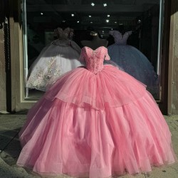 Off Shoulder Pink Quinceanera Dresses Crystal Sweetheart 15 Dress With Bow