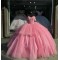 Off Shoulder Pink Quinceanera Dresses Crystal Sweetheart 15 Dress With Bow