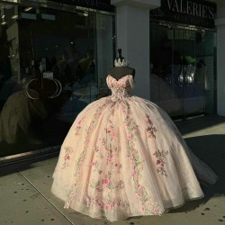 Off Shoulder Pink Quinceanera Dresses Sweetheart Neck Ball Gown 15 Dress