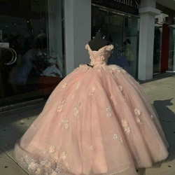 Off Shoulder Pink Quinceanera Dresses V Neck Ball Gown 15 Dress