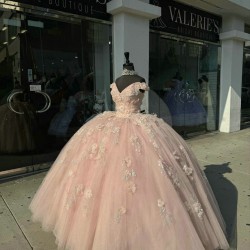 Off Shoulder Pink Quinceanera Dresses V Neck Ball Gown 15 Dress