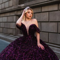 Off Shoulder Purple Quince Dresses V Neck 15 Dress