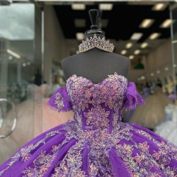 Off Shoulder Purple Quinceanera Dress Sweetheart Metallic Leaf 15 Dresses