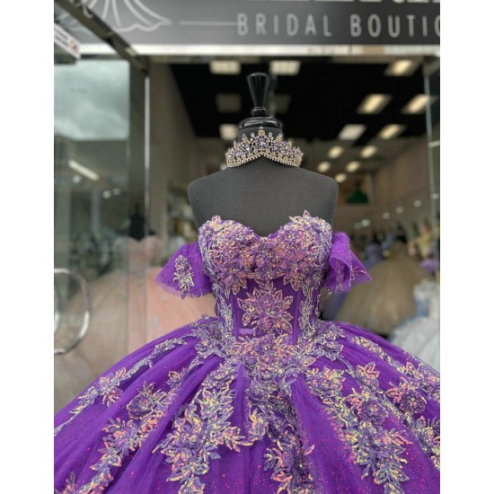 Off Shoulder Purple Quinceanera Dress Sweetheart Metallic Leaf 15 Dresses