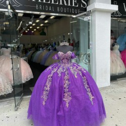 Off Shoulder Purple Quinceanera Dress Sweetheart Metallic Leaf 15 Dresses