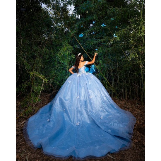 Off Shoulder Quince Dress Sky Blue Vestidos De 15 Anos With 3D Butterfly