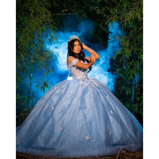 Off Shoulder Quince Dress Sky Blue Vestidos De 15 Anos With 3D Butterfly