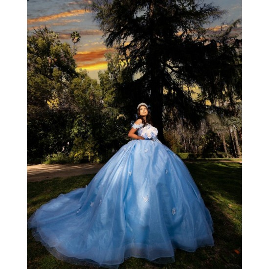 Off Shoulder Quince Dress Sky Blue Vestidos De 15 Anos With 3D Butterfly