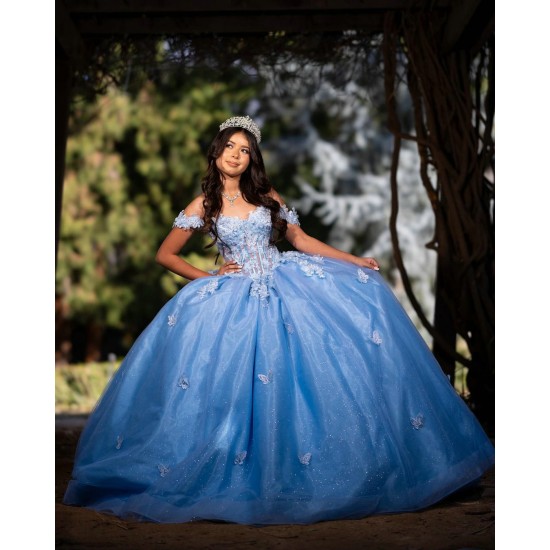 Off Shoulder Quince Dress Sky Blue Vestidos De 15 Anos With 3D Butterfly