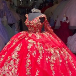 Off Shoulder Red Quince Dresses Lace Appliques 15 Dress Scoop Neck Ball Gown