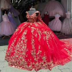 Off Shoulder Red Quince Dresses Lace Appliques 15 Dress Scoop Neck Ball Gown