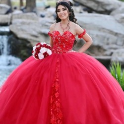 Off Shoulder Red Quince Dresses Pearl Sweetheart Neck 15 Dress