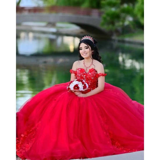 Off Shoulder Red Quince Dresses Pearl Sweetheart Neck 15 Dress