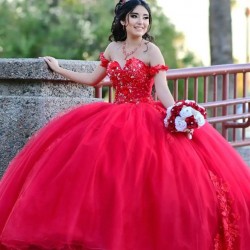 Off Shoulder Red Quince Dresses Pearl Sweetheart Neck 15 Dress