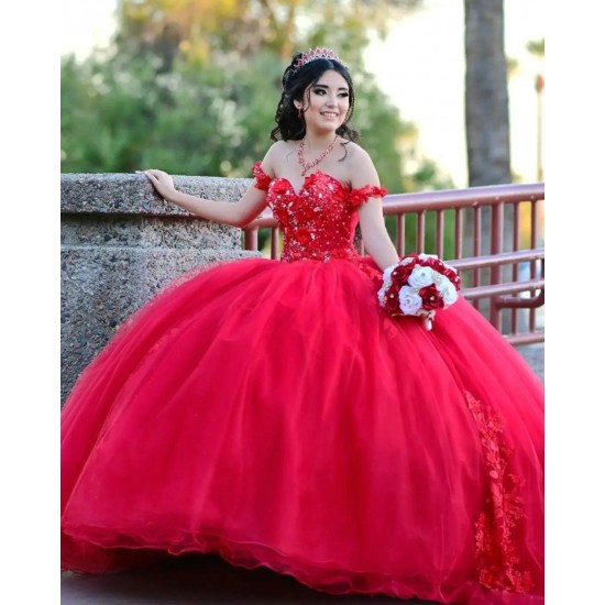 Off Shoulder Red Quince Dresses Pearl Sweetheart Neck 15 Dress