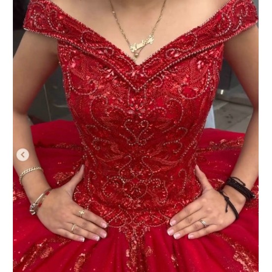 Off Shoulder Red Quince Dresses V Neck Beading 15 Dress Lace Appliques Ball Gown