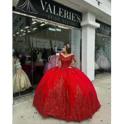 Off Shoulder Red Quince Dresses V Neck Beading 15 Dress Lace Appliques Ball Gown