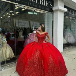 Off Shoulder Red Quince Dresses V Neck Beading 15 Dress Lace Appliques Ball Gown