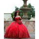 Off Shoulder Red Quinceanera Dress Scoop Neck Metallic Sequin 15 Dresses