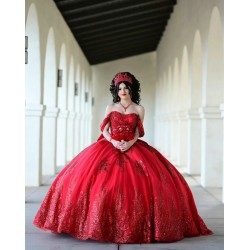 Off Shoulder Red Quinceanera Dress Scoop Neck Metallic Sequin 15 Dresses