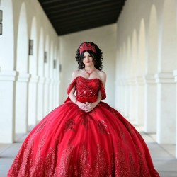 Off Shoulder Red Quinceanera Dress Scoop Neck Metallic Sequin 15 Dresses