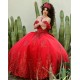 Off Shoulder Red Quinceanera Dress Scoop Neck Metallic Sequin 15 Dresses